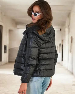 Royalfashion Czana damska pikowana kurtka z kapturem