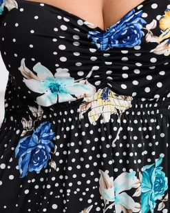 Royalfashion Czarna damska midi sukienka na ramiączkach w groszki