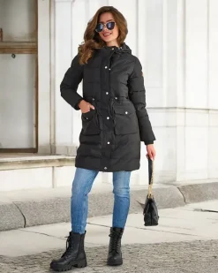 Royalfashion Czarna damska długa kurtka zimowa z syntetycznym ociepleniem