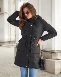 Royalfashion Czarna damska długa kurtka zimowa z syntetycznym ociepleniem