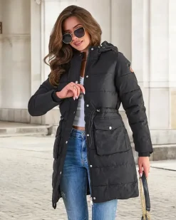 Royalfashion Czarna damska długa kurtka zimowa z syntetycznym ociepleniem