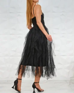 Royalfashion Czarna sukienka damska midi z tiulem i kryształkami