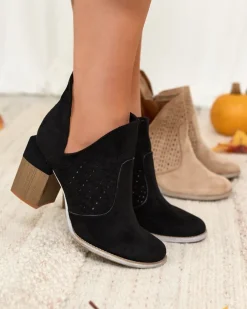 Royalfashion Czarne damskie botki na słupku i z wycięciem Neafla