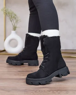 Royalfashion Czarne damskie sznurowane botki Cavenma