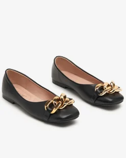 Royalfashion Czarne damskie eko-skórzane balerinki ze złotą ozdobą Gassi