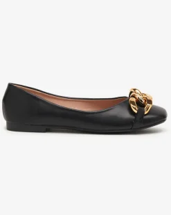 Royalfashion Czarne damskie eko-skórzane balerinki ze złotą ozdobą Gassi