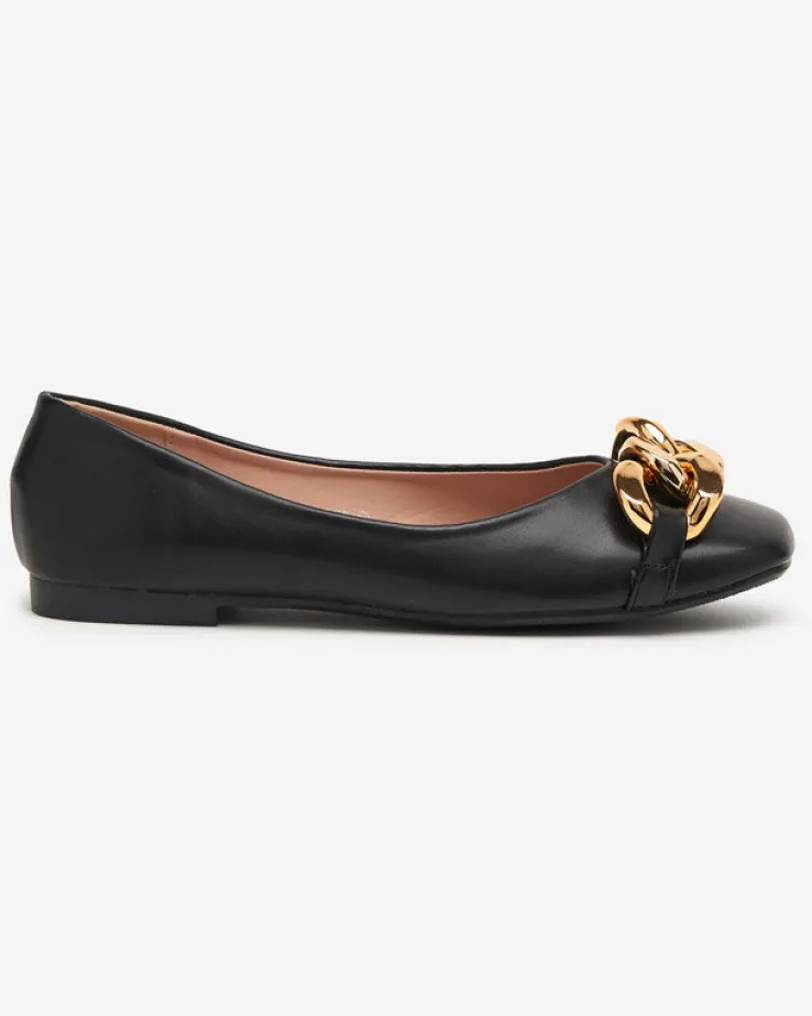 Royalfashion Czarne damskie eko-skórzane balerinki ze złotą ozdobą Gassi