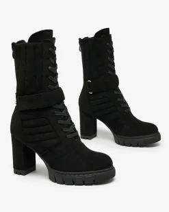 Royalfashion Czarne damskie ocieplane botki na słupku Sehhra
