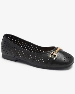 Royalfashion Czarne damskie ażurowe baleriny ze złotą ozdobą Serilla