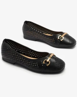 Royalfashion Czarne damskie ażurowe baleriny ze złotą ozdobą Serilla
