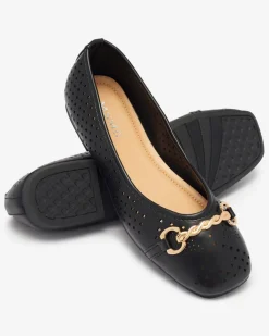 Royalfashion Czarne damskie ażurowe baleriny ze złotą ozdobą Serilla