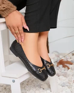 Royalfashion Czarne damskie ażurowe baleriny ze złotą ozdobą Serilla