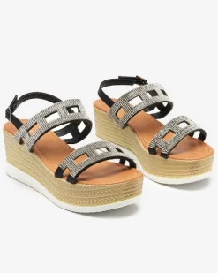 Royalfashion Czarne damskie sandały z cyrkoniami na koturnie Masewi