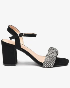 Royalfashion Czarne damskie sandałki na słupku z cyrkoniami Triesta