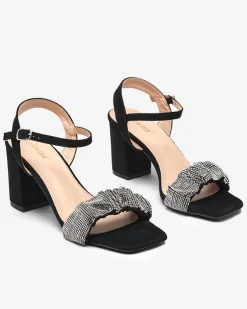 Royalfashion Czarne damskie sandałki na słupku z cyrkoniami Triesta