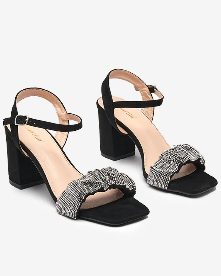 Royalfashion Czarne damskie sandałki na słupku z cyrkoniami Triesta