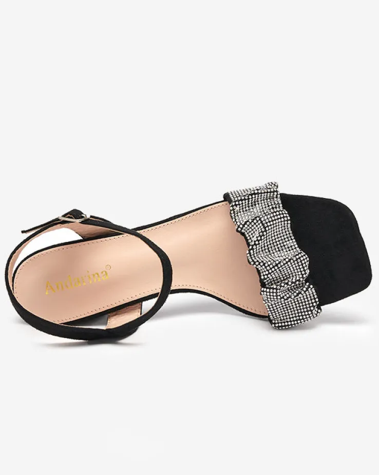 Royalfashion Czarne damskie sandałki na słupku z cyrkoniami Triesta