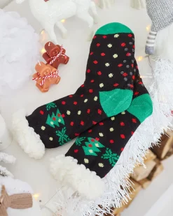 Royalfashion Czarne damskie skarpetki ze świątecznym wzorem