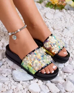 Royalfashion Czarne damskie zdobione klapki Maurelle