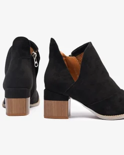 Royalfashion Czarne damskie ocieplane botki na brązowym słupku Karela