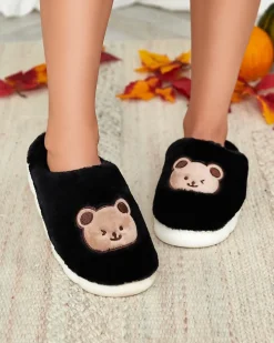 Royalfashion Czarne damskie futrzane kapcie z misiem Hettres