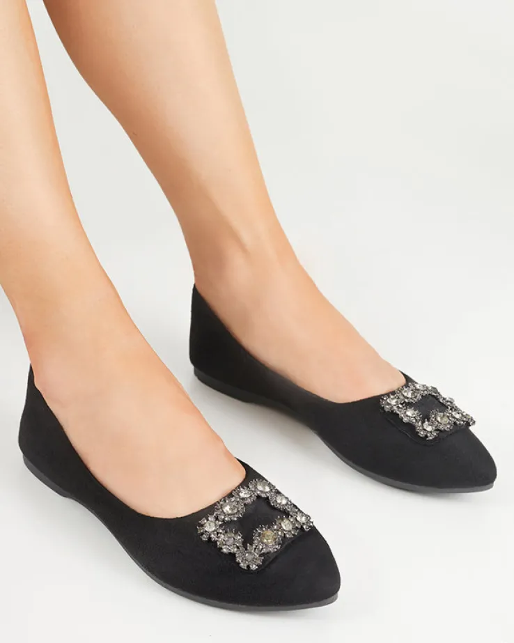 Royalfashion Czarne damskie eko-zamszowe balerinki z ozdobą Linselisa