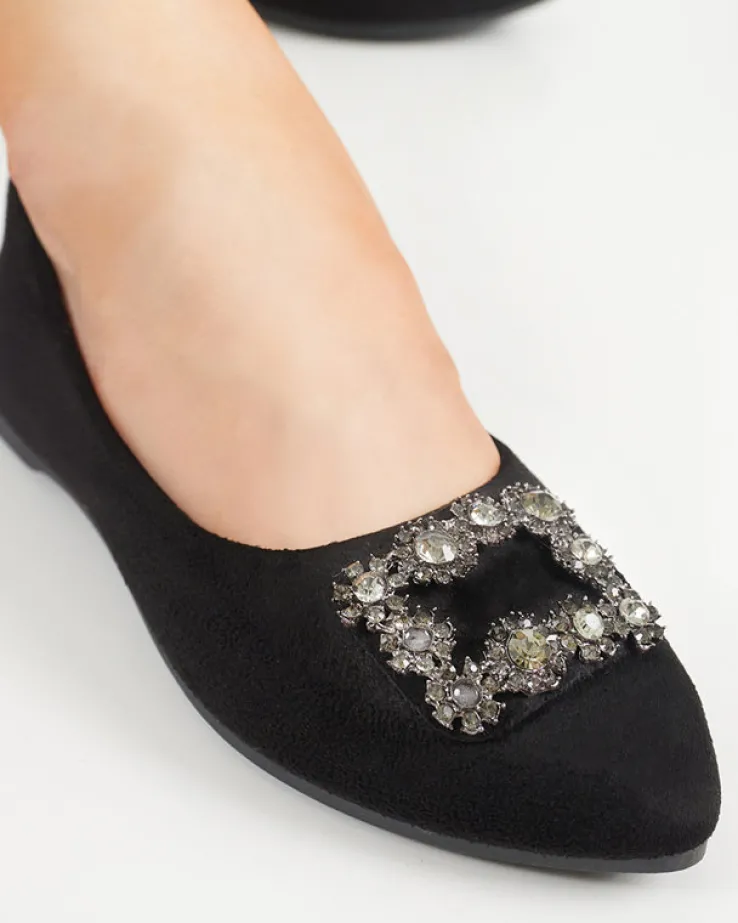 Royalfashion Czarne damskie eko-zamszowe balerinki z ozdobą Linselisa