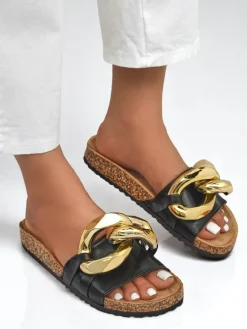 Royalfashion Czarne klapki damskie z ozdobą Sofig