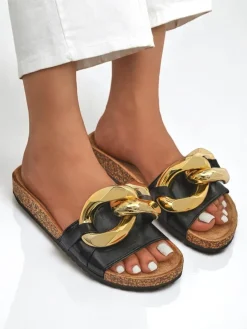 Royalfashion Czarne klapki damskie z ozdobą Sofig