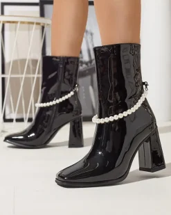 Royalfashion Czarne lakierowane botki damskie na wysokim słupku Rassla