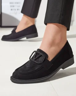 Royalfashion Czarne mokasyny damskie z ozdobą Fogras