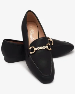 Royalfashion Czarne mokasyny damskie ze złotą ozdobą Suletta