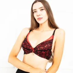 Royalfashion Czarno - czerwony damski biustonosz koronkowy