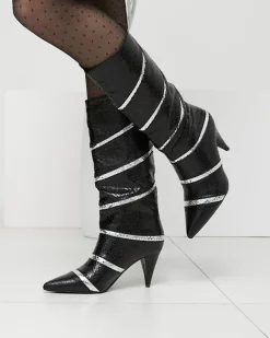 Royalfashion Czarno- srebrne damskie kozaki na szpilce z tłoczeniem w paski Felifea