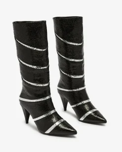 Royalfashion Czarno- srebrne damskie kozaki na szpilce z tłoczeniem w paski Felifea