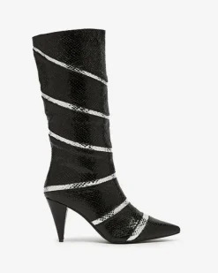 Royalfashion Czarno- srebrne damskie kozaki na szpilce z tłoczeniem w paski Felifea
