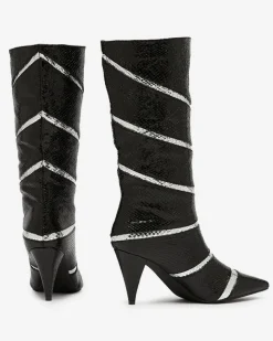 Royalfashion Czarno- srebrne damskie kozaki na szpilce z tłoczeniem w paski Felifea
