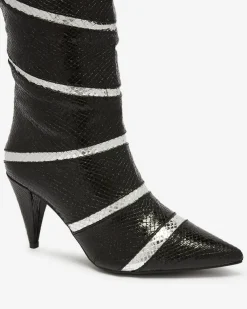 Royalfashion Czarno- srebrne damskie kozaki na szpilce z tłoczeniem w paski Felifea