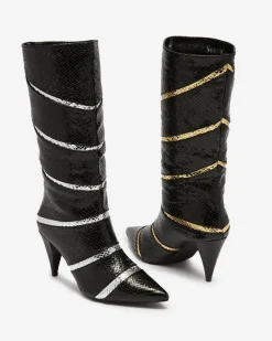 Royalfashion Czarno- srebrne damskie kozaki na szpilce z tłoczeniem w paski Felifea