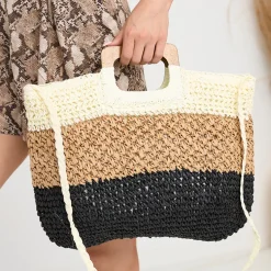 Royalfashion Czarno-beżowa słomiana duża torebka damska