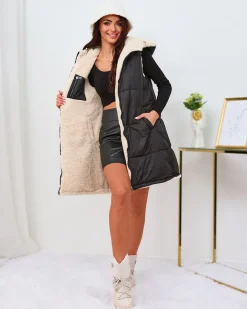 Royalfashion Czarno-kremowa długa dwustronna kamizelka damska