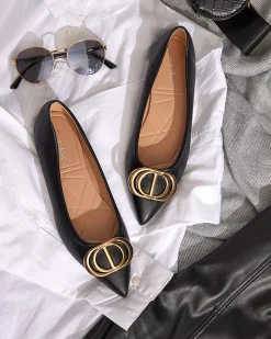 Royalfashion Czarno-złote baleriny damskie w szpic z ozdobą na nosku Manico