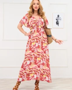 Royalfashion Czerwona damska długa sukienka z modnym wzorem