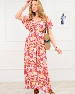 Royalfashion Czerwona damska długa sukienka z modnym wzorem