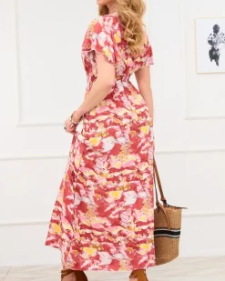 Royalfashion Czerwona damska długa sukienka z modnym wzorem