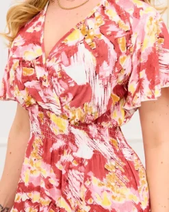 Royalfashion Czerwona damska długa sukienka z modnym wzorem