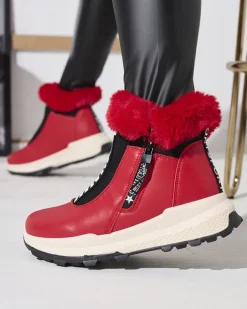 Royalfashion Czerwone damskie ocieplane botki z futerkiem Scherr