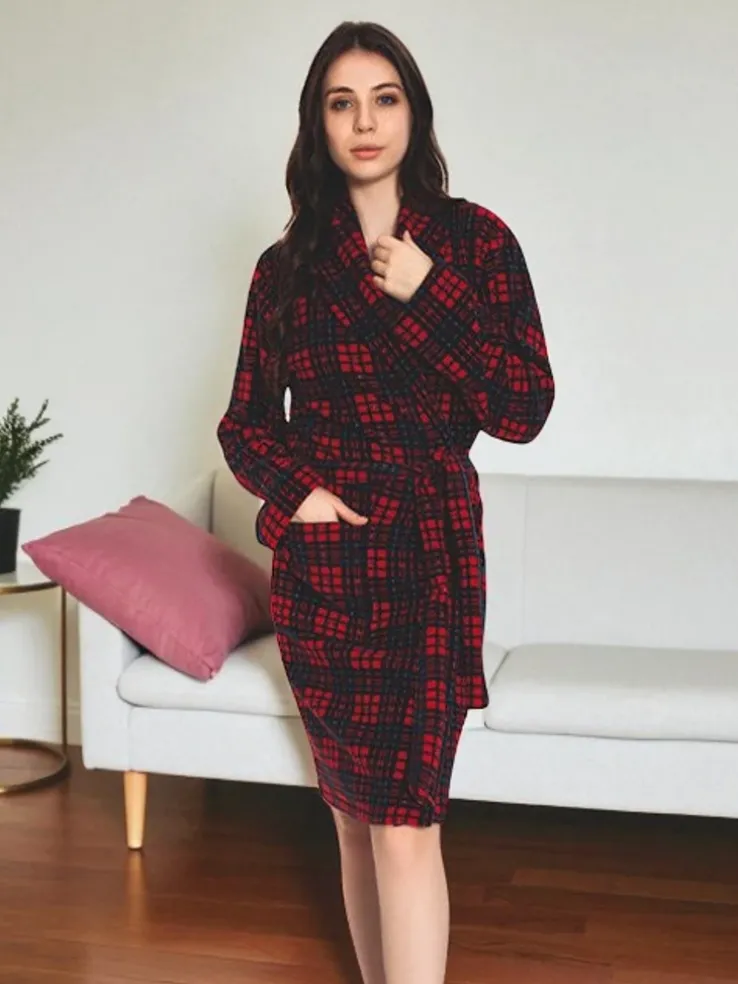 Royalfashion Czerwono-granatowy damski szlafrok w kratę