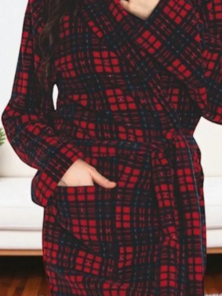 Royalfashion Czerwono-granatowy damski szlafrok w kratę