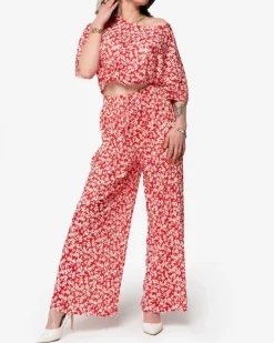 Royalfashion Czerwony damski plisowany komplet w kwiatki
